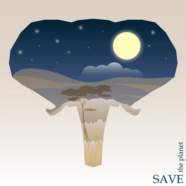 Ilustrasi konsep pada tema perlindungan alam dan hewan dengan tampilan Savannah malam dalam siluet kepala gajah untuk digunakan dalam desain kartu, undangan, poster atau plakat - Stok Vektor