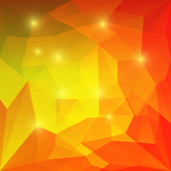 Abstract bright orange and yellow colored polygonal geometric triangular background with glaring lights for use in design for card, invitation, poster, banner, placard or billboard cover