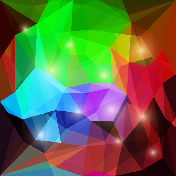 Abstract bright colored polygonal triangular background with glaring lights for use in design for card, invitation, poster, banner, placard or billboard cover