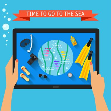 Bright colored conceptual illustration with trendy long shadows on vacation and rest theme with hands holding digital tablet and pointing on screen, isolated on blue stylish colored cover with slogan