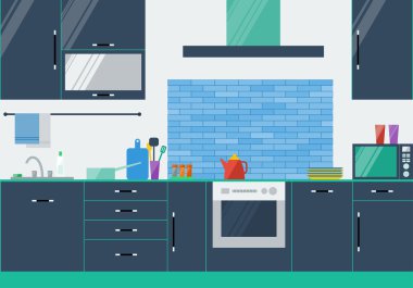 Illustration in trendy flat style colors with kitchen interior for use in design