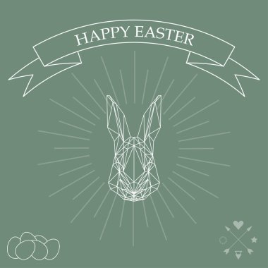 Simple soft colored graphic illustration with abstract geometric rabbit and rays isolated on grey background for use in design for easter card, invitation, placard or banner