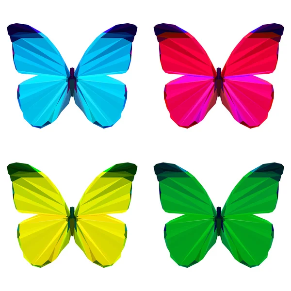 Bright colored geometric polygonal abstract butterfly set isolated on white background for use in design for card, invitation, poster, banner, placard or billboard cover — Vetor de Stock