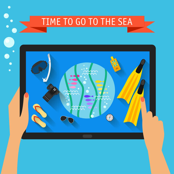 Яркая цветная концептуальная иллюстрация с модными длинными тенями на отдыхе и тематикой отдыха с руками, держащими цифровой планшет и указывающими на экран, изолированными на синей стильной обложке со слоганом
