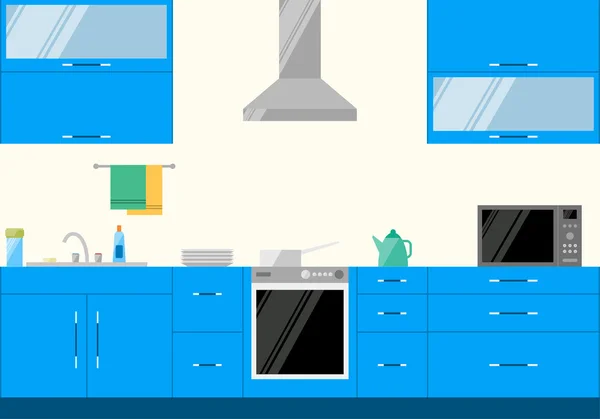 Bright illustration in trendy flat style with blue kitchen interior for use in design — Stockvector