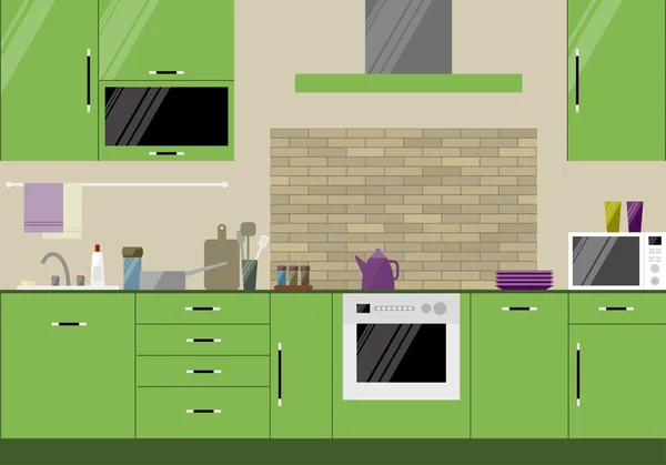 Bright illustration in trendy flat style with green kitchen interior for use in design — Stockvector
