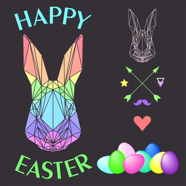 Simple graphic illustration with abstract geometric rainbow colored polygonal rabbit and bright eggs isolated on dark background for use in design for easter card, invitation, placard or banner — ストックベクタ