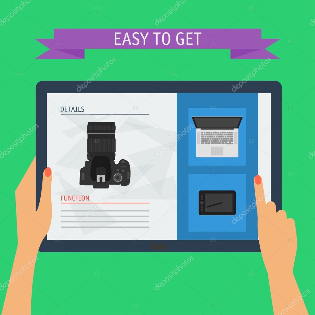 Vector illustration concept of hands holding modern digital tablet and pointing on a screen with website. Flat design style, isolated on stylish green colored background with slogan