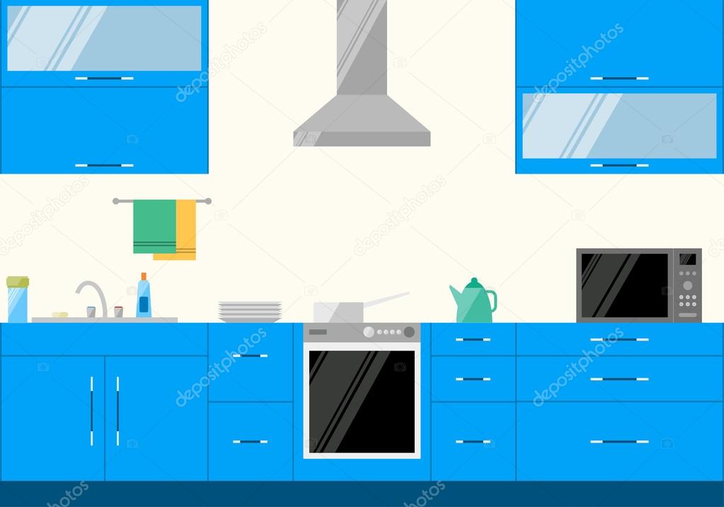 Bright illustration in trendy flat style with blue kitchen interior for use in design