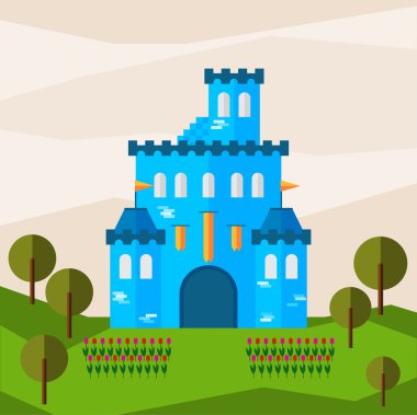 Parlak grafik illüstrasyon karikatür mavi renkli castle kartı, davetiye, bunner, poster ya da afiş arka plan için tasarım kullanmak için ile