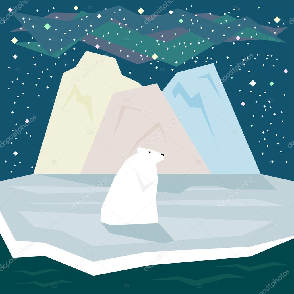 Simple graphic illustration in trendy flat style with white polar bear and ice on the starry sky background for use in design for card, invitation, poster, banner or placard on the theme of nature