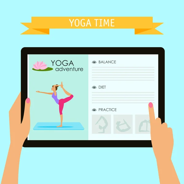 Practice of yoga theme. Conceptual illustration with hands holding digital tablet and pointing on screen with website about yoga adventure, isolated on bright blue colored background with slogan — Stock Vector