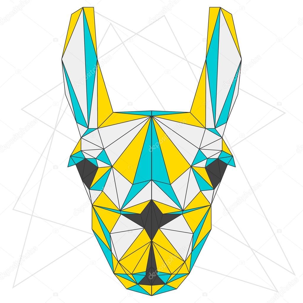 Abstract blue, yellow and grey blended colored polygonal triangle geometric llama isolated on white background for use in design for card, invitation, poster, banner, placard or billboard cover