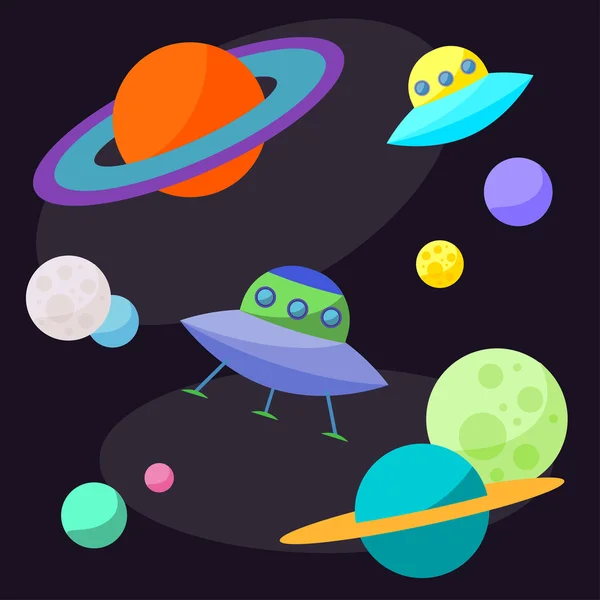 Ljusa cartoon kosmiska illustration med ufo och roliga planeter i öppen plats för användning i design för kort, affisch, banner, plakat, broschyrer eller billboard cover — Stock vektor