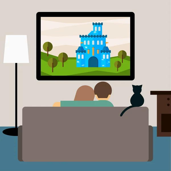 Ljusa illustration i trendiga platt stil med par och katt tittar på äventyrsfilm på TV sitter i soffan i rummet för användning i design för kort, inbjudan, banner, plakat, affisch Stockillustration