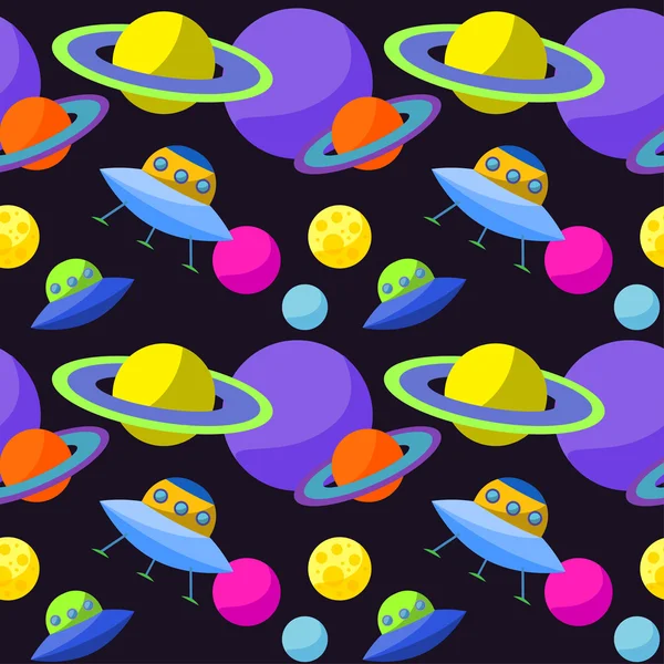 Ljusa kosmiska sömlös bakgrund med roliga cartoon ufo och planeter i öppen plats för användning i design Royaltyfria illustrationer