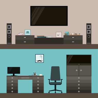 Oda iç için kart, davet, poster, afiş, tasarım için kullanmak için mavi ve bej kapağında izole trendy düz stil çizimde tasarlamak veya arka plan billboard