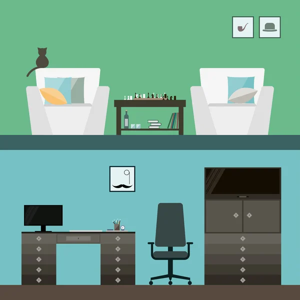 Απεικόνιση σε μοντέρνο στυλ επίπεδη με εσωτερικό δωμάτιο ανδρών που απομονώνονται σε φωτεινή κομψό μπλε και πράσινη κάλυψη για χρήση στο σχεδιασμό για την κάρτα, πρόσκληση, αφίσα, banner, πλακάτ ή πίνακας διαφημίσεων φόντο — Διανυσματικό Αρχείο