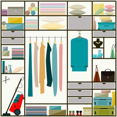 sliding-door wardrobe with clothes and some household items
