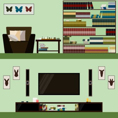 library and room interior isolated on stylish cover. flat style