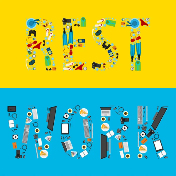 Work and rest objects arranged in form of words. 