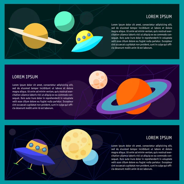 Bright set with cartoon cosmic ufo and funny planets in open space — Stockový vektor