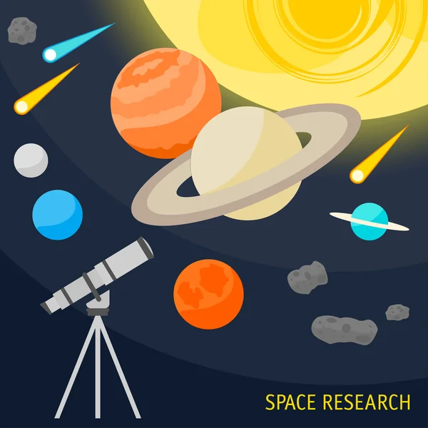 Desenhos animados objetos espaciais e telescópio isolado em preto — Vetor de Stock