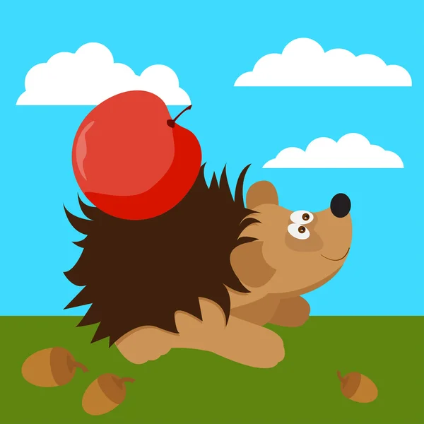 Cute hedgehog with apple. Funny cartoon bright colored illustration — Stock Vector