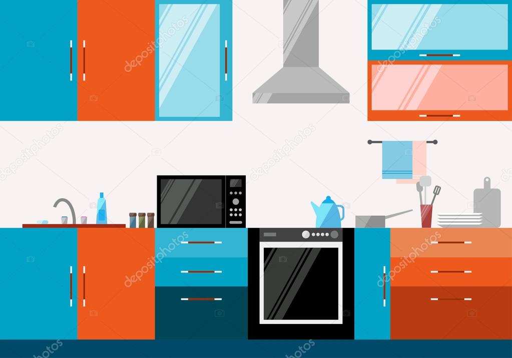 Kitchen interior. Illustration in trendy flat style for design.