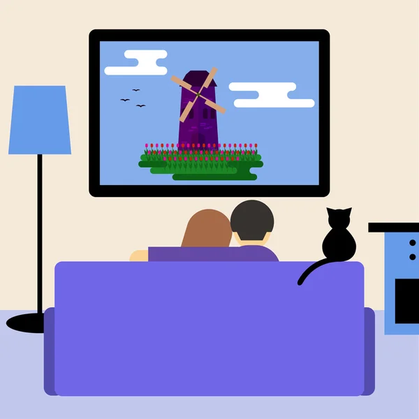 Casal e gato assistindo televisão sentado no sofá no quarto . — Vetor de Stock