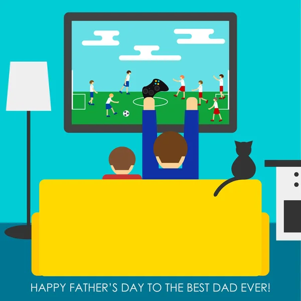 Tarjeta de felicitación día del padre. Padre e hijo jugando en el fútbol — Vector de stock