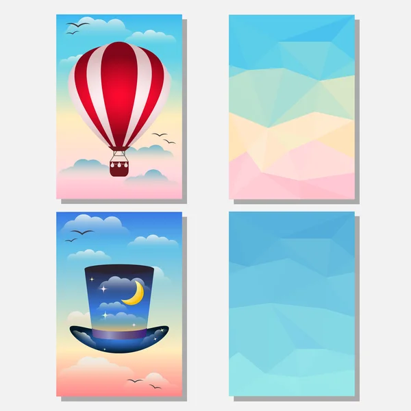 Conjunto brilhante com chapéu, hotairballoon no céu e fundo poligonal abstrato — Vetor de Stock