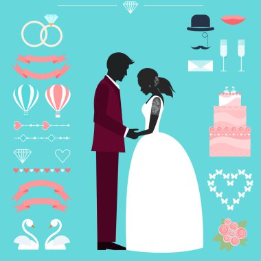 bright wedding collection with bride, groom silhouette and romantic decorative elements