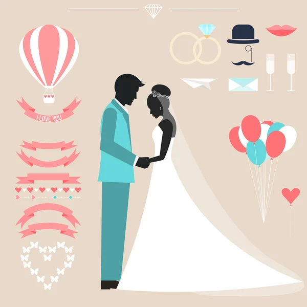 Lyse bryllup samling med bruden, brudgommen silhuet og romantiske dekorative elementer – Stock-vektor
