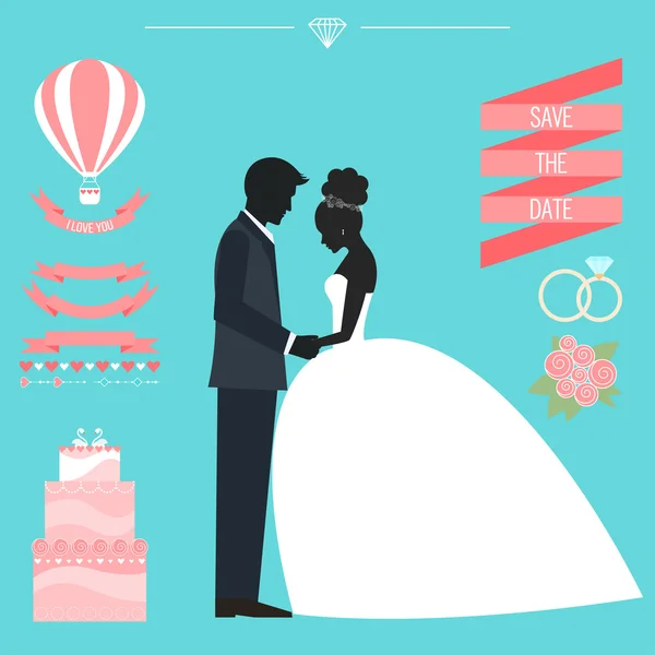 Brillante colección de bodas con novia, silueta del novio y elementos decorativos románticos — Vector de stock