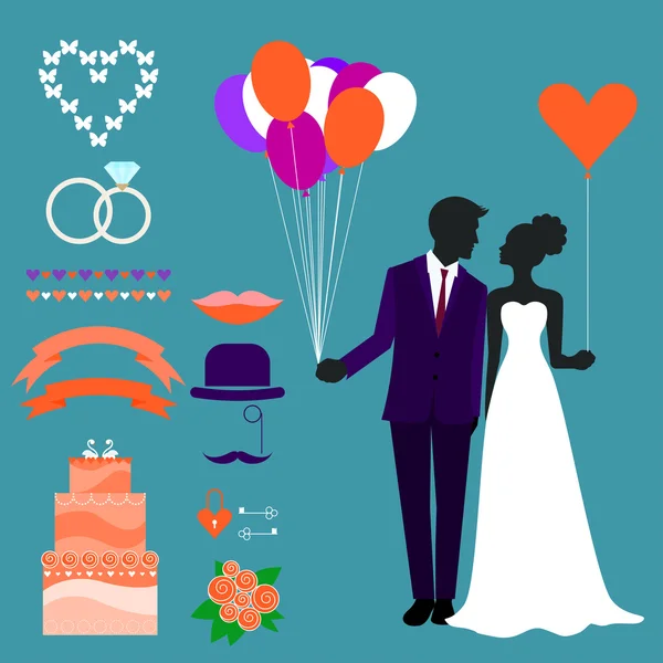 Collection de mariage lumineux avec mariée, silhouette de marié et éléments décoratifs romantiques — Image vectorielle