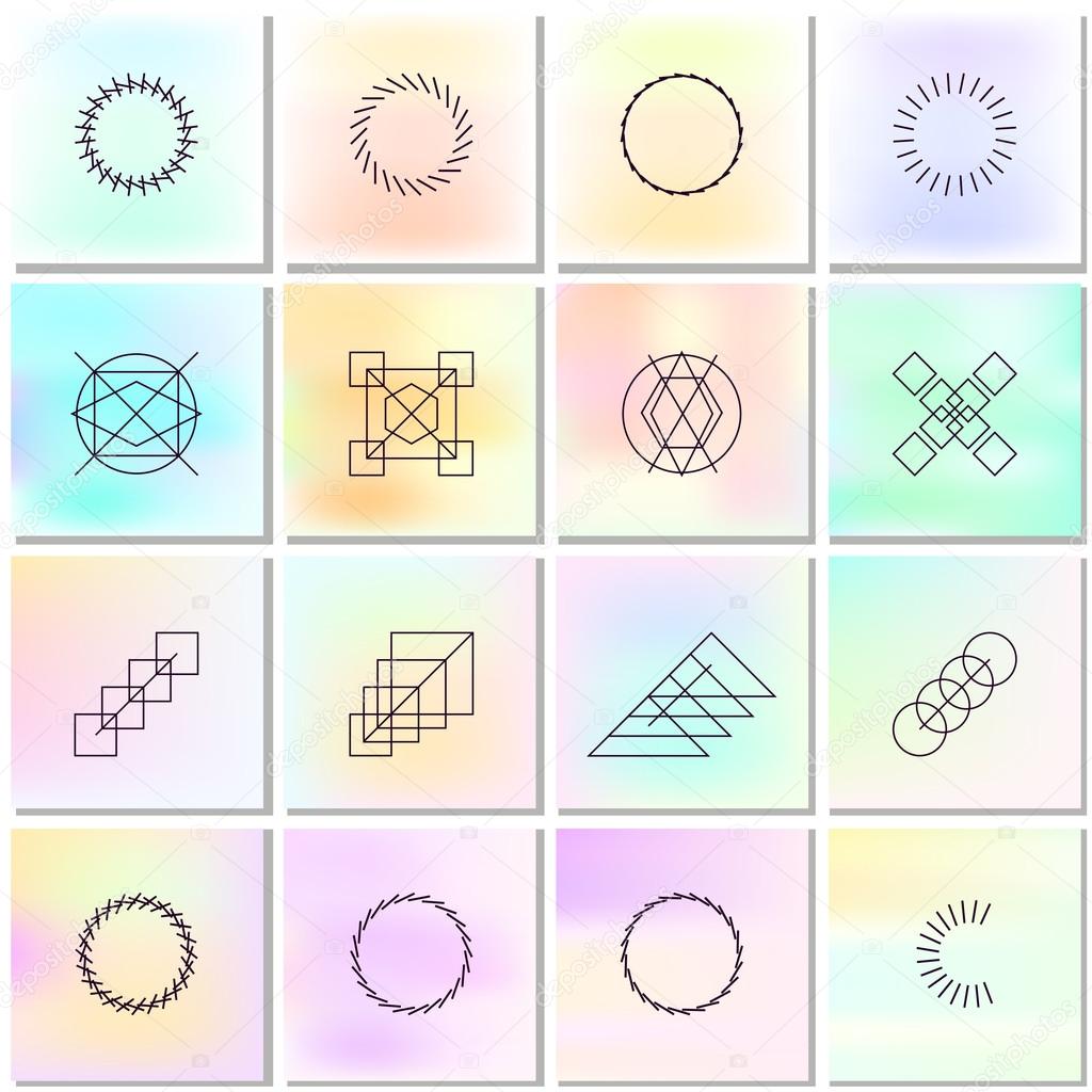 Abstract backgrounds with outlines of shapes. Collection with simple graphic geometric elements for use in design logo or for card, book, poster, brochures, notebook,  album, sketch book cover