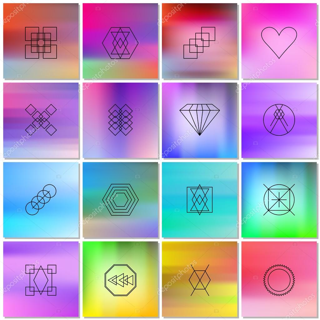 Abstract bright backgrounds with outlines of shapes. Collection with simple graphic geometric elements for use in design logo or card, book, poster, brochures, notebook,  album, sketch book cover.