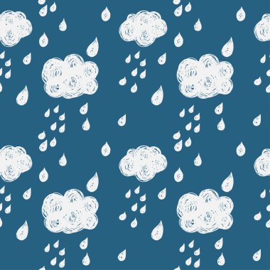 Bulutlar ve yağmur damlaları basit doodle Dikişsiz desen arka plan