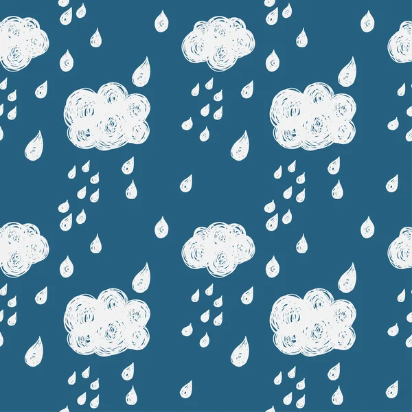 Simples rabiscar sem costura fundo padrão com nuvens e gotas de chuva — Vetor de Stock