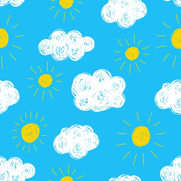 Simple doodle seamless pattern background with clouds and sun — Stock Vector