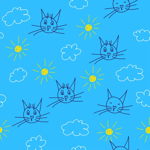 Hand gezeichnetes Doodle nahtlosen Muster Hintergrund mit lustigen Katzen, Sonne und Wolken — Stockvektor