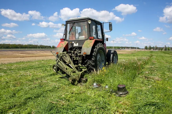 Aparando grama em um trator para alimentar o gado — Fotografia de Stock