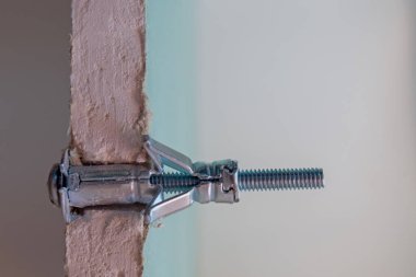 Metal Molly fastener fixed in a pre-drilled hole in a sheet of moisture-resistant drywall, split view. The sheet is cut at the installation site, showing the gypsum fiber and connection details. clipart