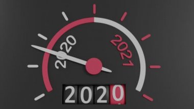 Araba gösterge paneli, hız göstergesi oku saat yönünde 2021 'e, hız göstergesi sayacı silindirleri 2020' yi 2021 numaraya, 3D animasyona çeviriyor. Kavram: Yeni yıla yaklaşım, yıl değişimi.