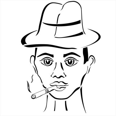 Geniş kaşları ve dolgun dudakları olan, kurdeleli bir şapkayla dik duran ve ağzında puro tutan genç bir adamın yüzü. Bir gangster karakterinin vektör illüstrasyonu.