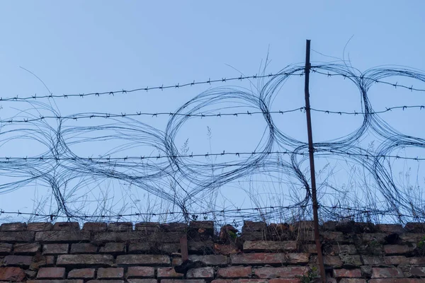 Upper part of the wall with brickwork with metal corners embedded in it on which barbed wire is stretched and loops of thin wire connected to each other. Picture was taken in the morning blue hour.