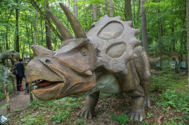 Kahverengi renkli Triceratops dinozorunun doldurulmuş figürü, yakalı, iki boynuzlu, sarı gözlü, arka planda yeşillik. KÖLÜM OTRADNOYE, KALINGRAD Oblastı, RUSYA, 25 HAZİRAN, 2020.