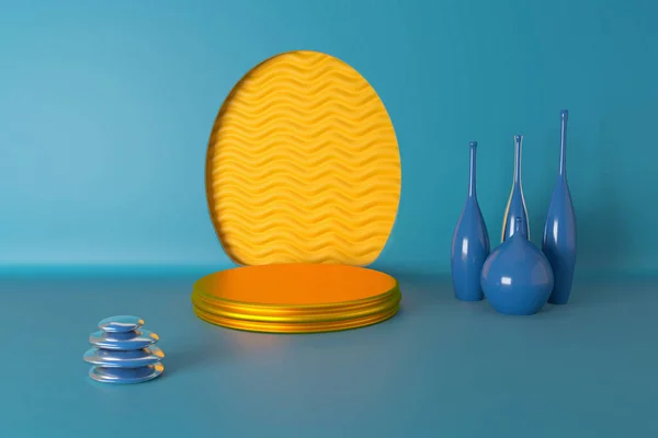 Klasik Mavi, Mozaik Mavisi ve Saffron renklerinde 3D illüstrasyon. Duvarda oval kesime karşı podyum, arkada dalgalar. Taşlar ve vazolar yakınlarda. SPA aksesuarları, kremler ve kozmetik ürünleri için kaldırım taşı