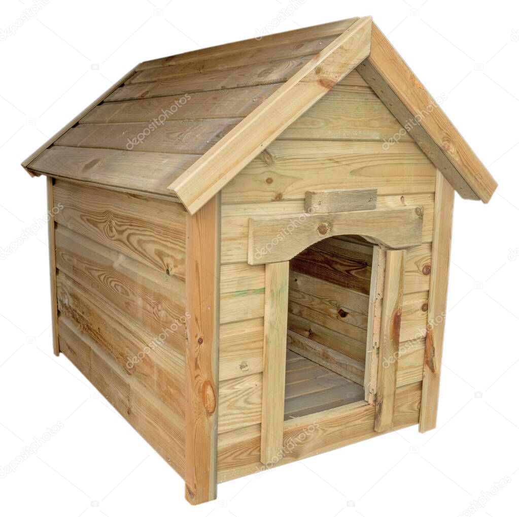 A doghouse with a gable roof, made of yellow laid horizontally wooden planks inserted into each other and fastened with screws. The object is isolated on a white background.